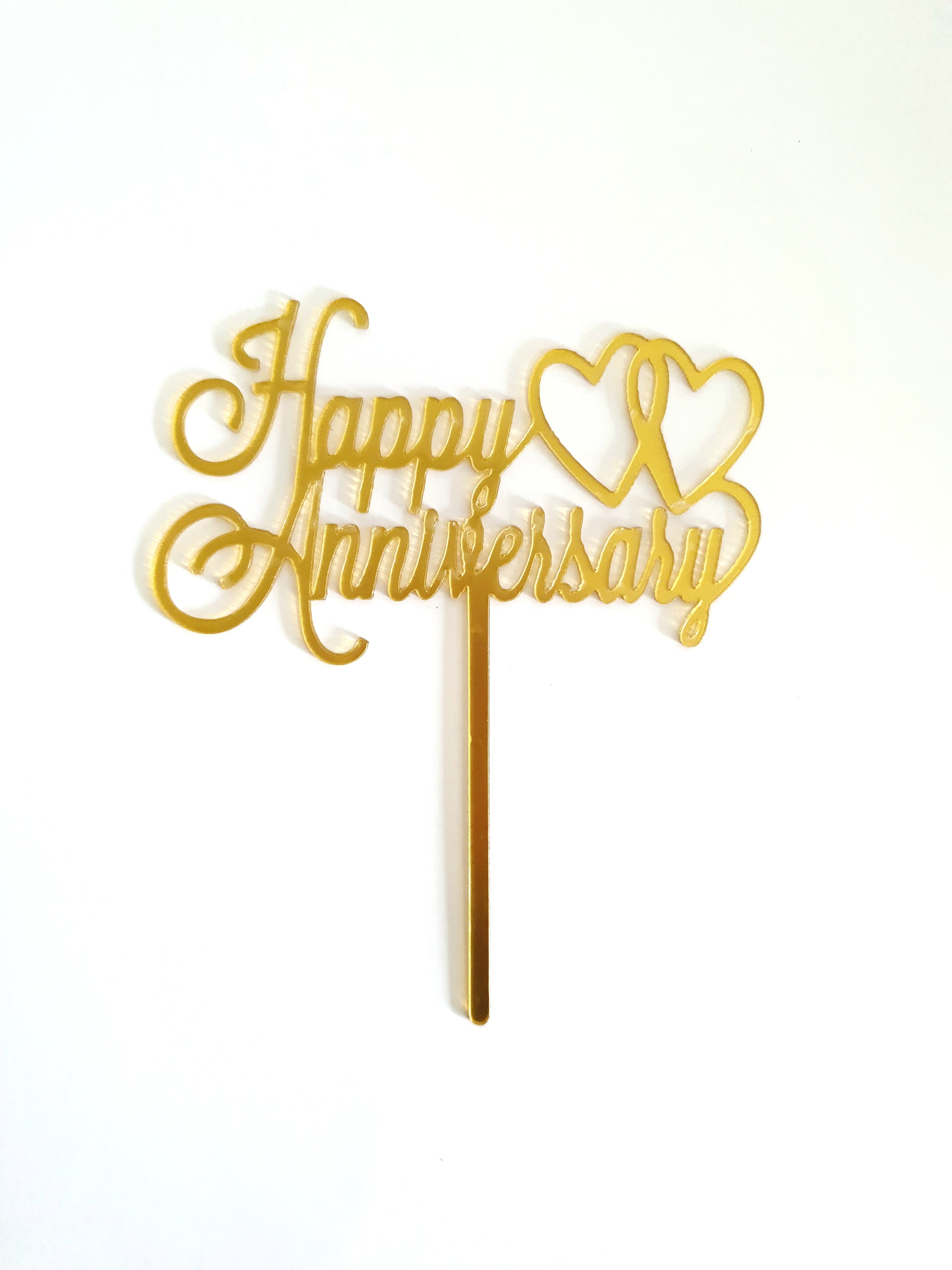 6 Gold Acrylic Happy Anniversary Cake Toppers - Double-Sided Glitter, Reusable Decorations