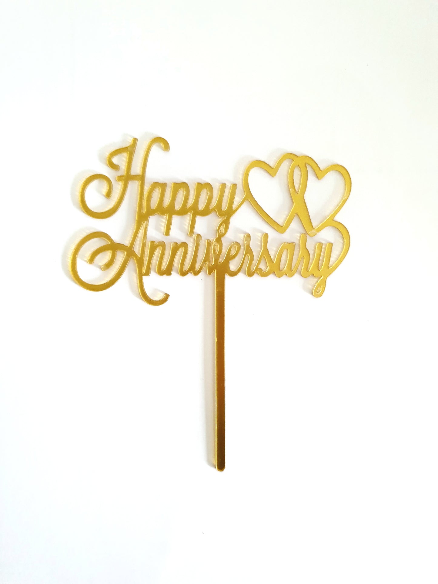 Gold Acrylic Happy Anniversary with Two Hearts Cake Topper